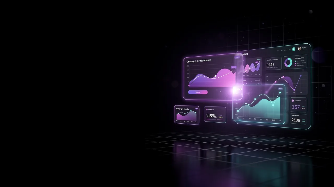 Painel de métricas de campanha em tons de violeta e ciano sobre fundo escuro
