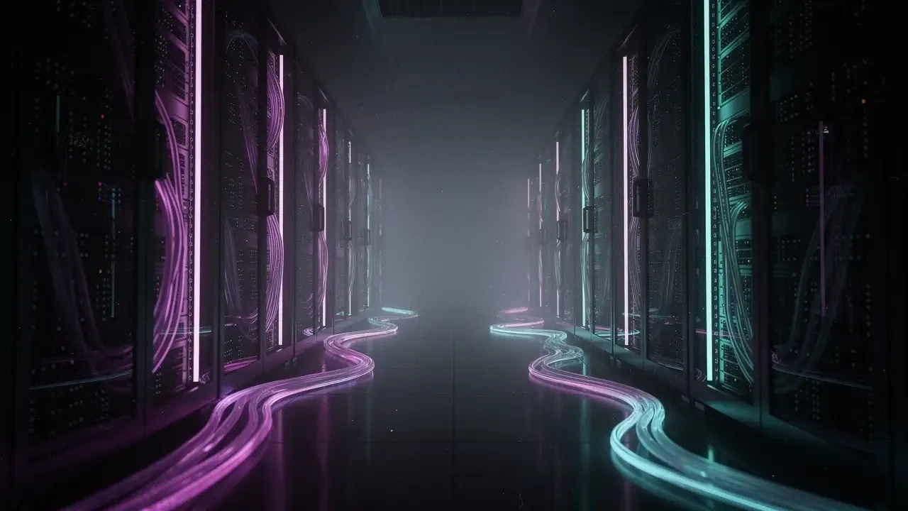 Corredor de servidores iluminado em violeta e ciano