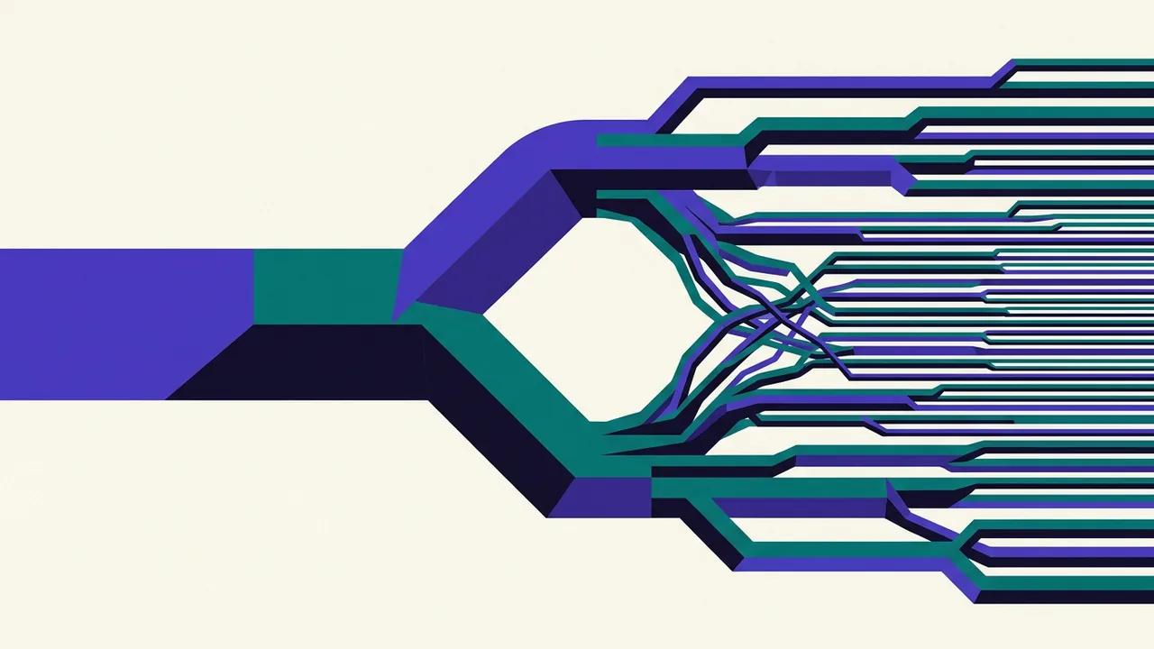 a massive pipeline splitting into thousands of smaller channels, all flowing in the same direction with increasing pressure