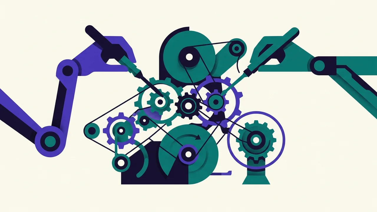a machine adjusting its own internal gears while continuing to run, tools held by mechanical arms reaching inward