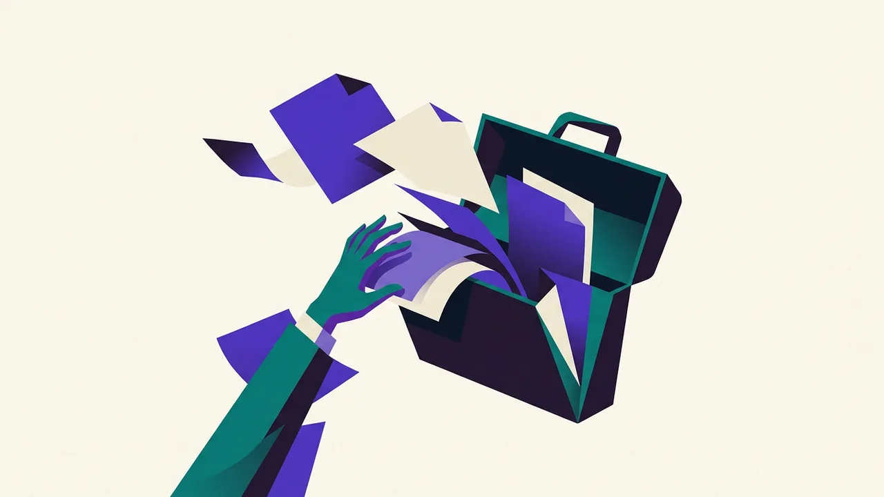 a briefcase split open, papers spilling out while a hand frantically tries to shove them back inside