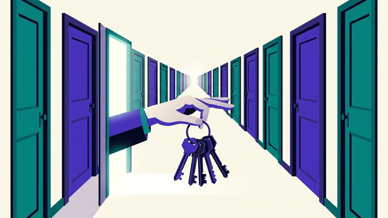 a hand reaching through a doorway, holding keys to every room in an infinite corridor of identical doors