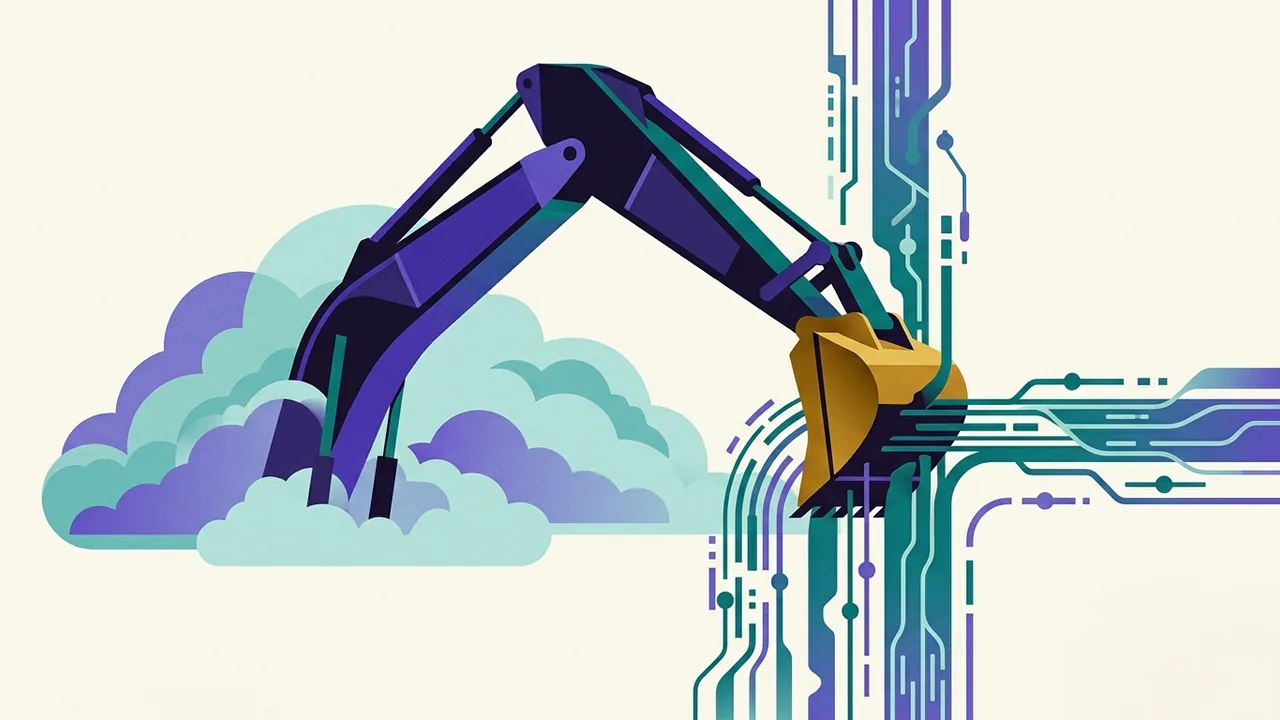 a massive yellow excavator arm extended into a cloud, digging through layers of data streams
