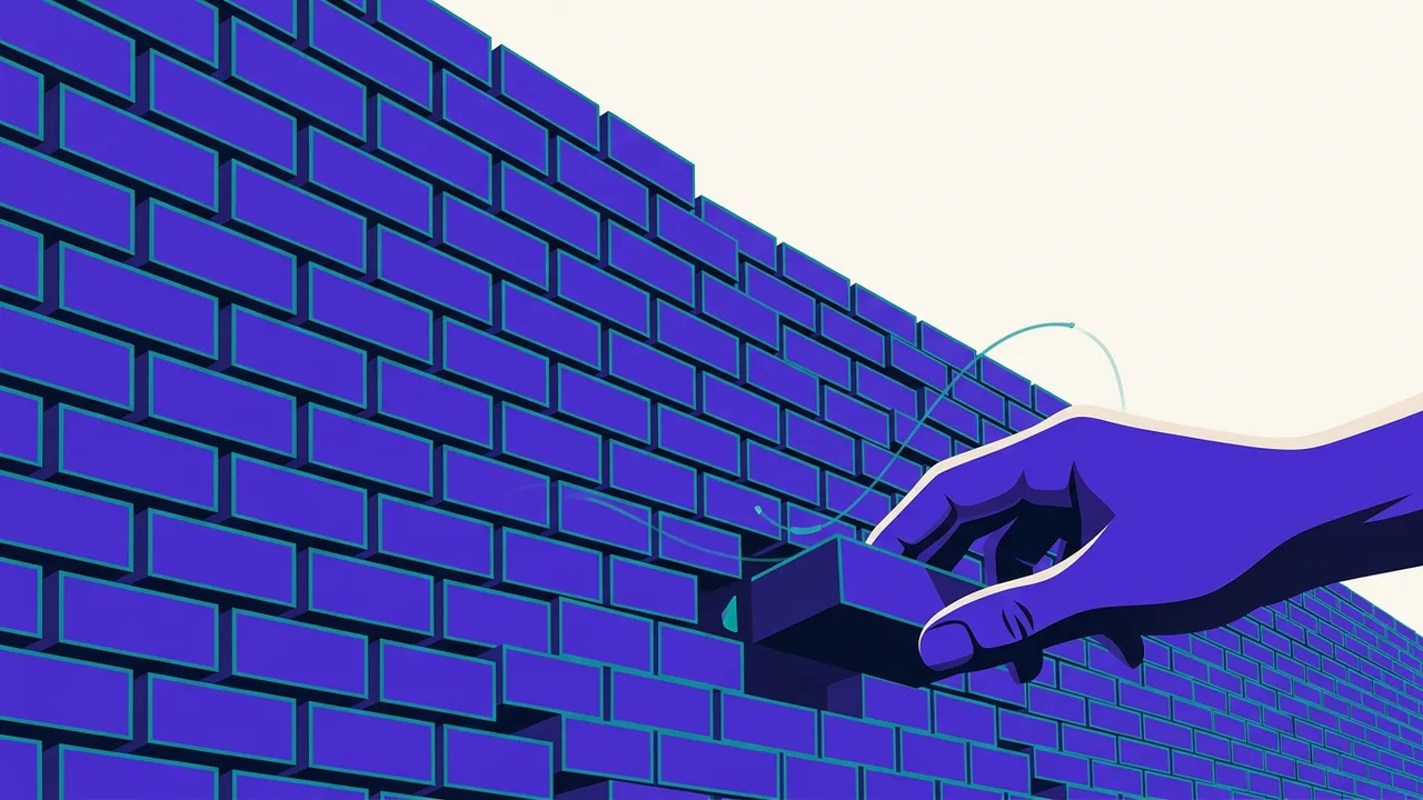 a single brick being placed into a massive wall, identical in shape and color to all the others already there
