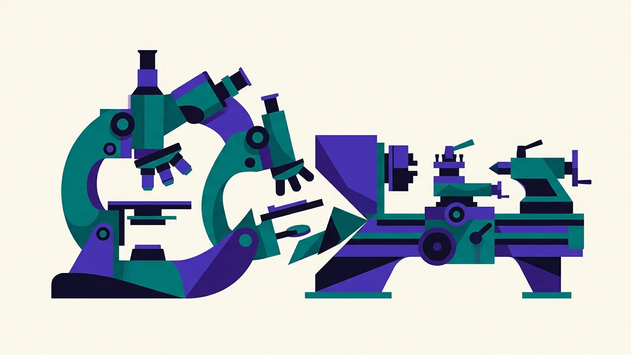 a microscope transforming mid-frame into a precise mechanical lathe, organic curves becoming sharp geometric cuts