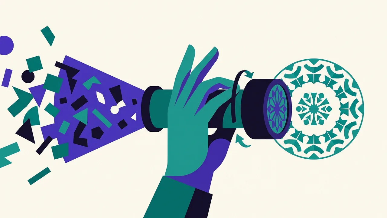 a kaleidoscope viewer being turned by a hand, the pattern inside shifting from chaos into a specific arrangement