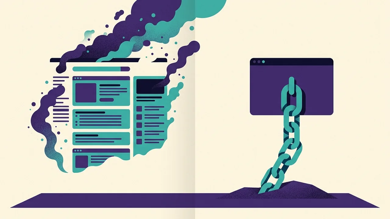 a search results page split down the middle, one half dissolving into vapor while a single website card on the other half grows a bright anchor chain into the ground