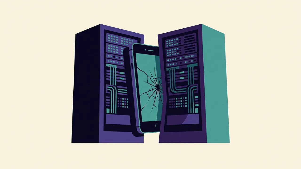 a smartphone being squeezed between two massive server racks, the phone's screen cracking under pressure