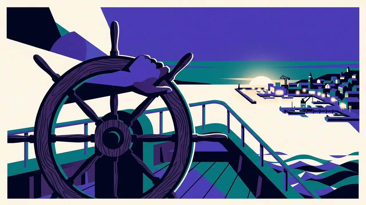 a ship's wheel being firmly grasped by a returning hand while the vessel approaches a bright harbor in the distance