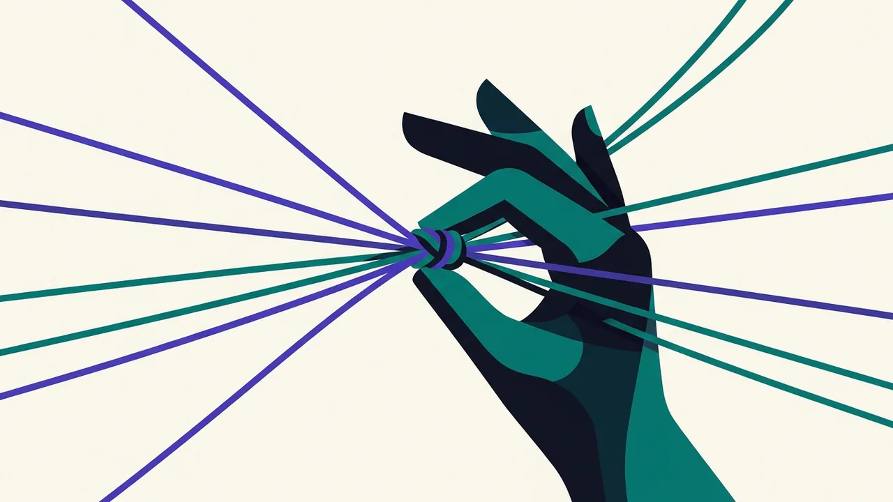 a single hand gathering scattered threads from multiple directions, all converging into one tight knot