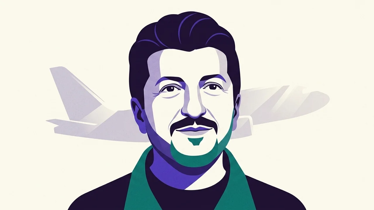 Retrato ilustrado de Lito Sousa, com a silhueta da asa de um avião ao fundo