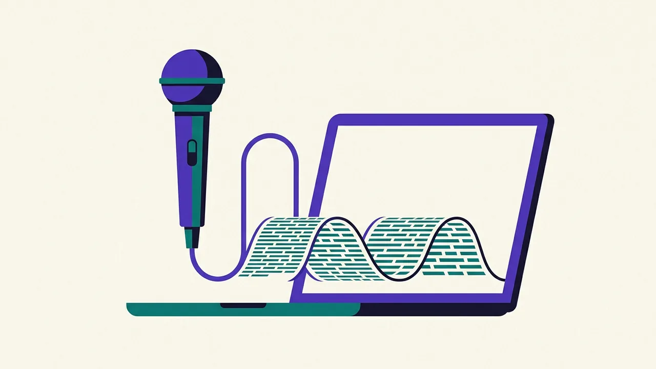 a microphone standing upright with its cable transforming into flowing text that spreads across an open blank screen