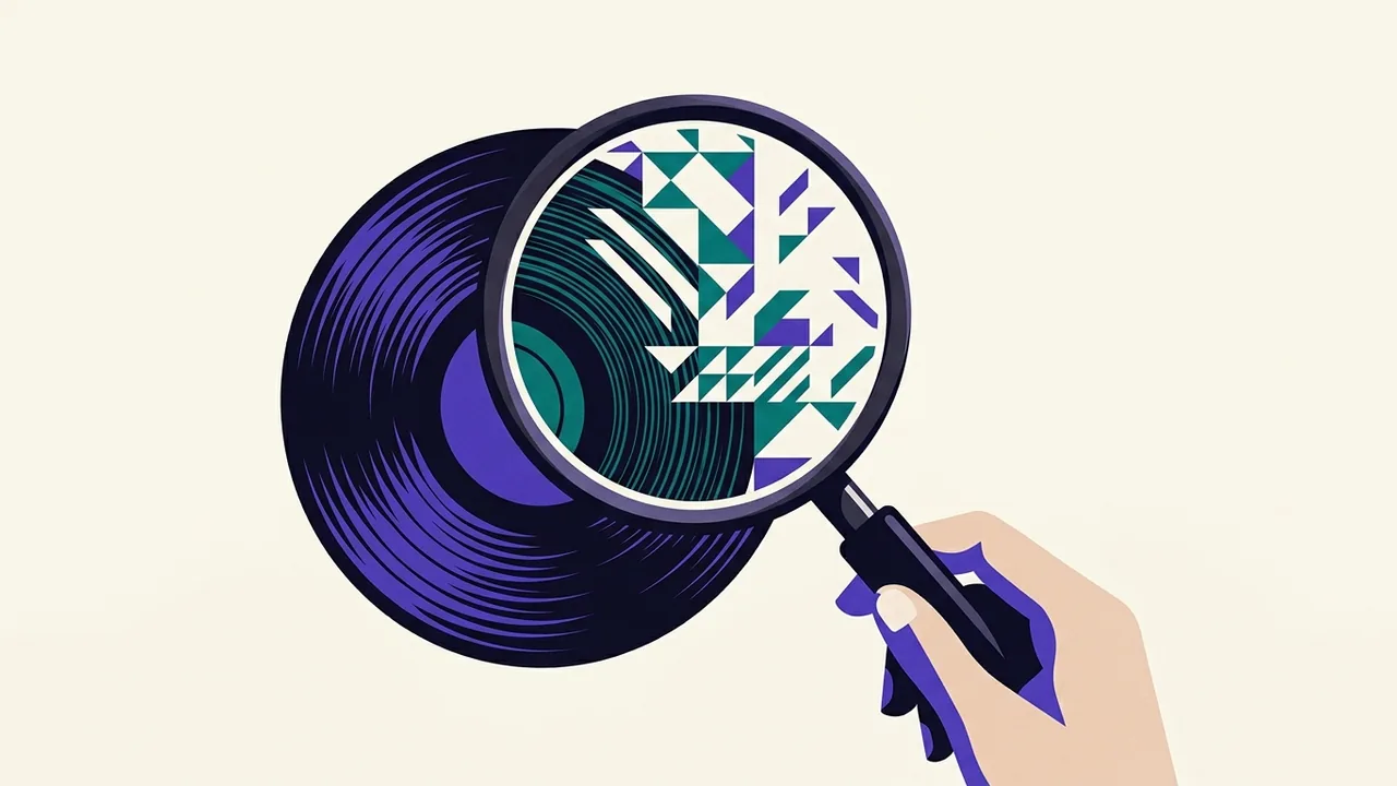 a magnifying glass held over a vinyl record, revealing the grooves dissolving into clean geometric patterns