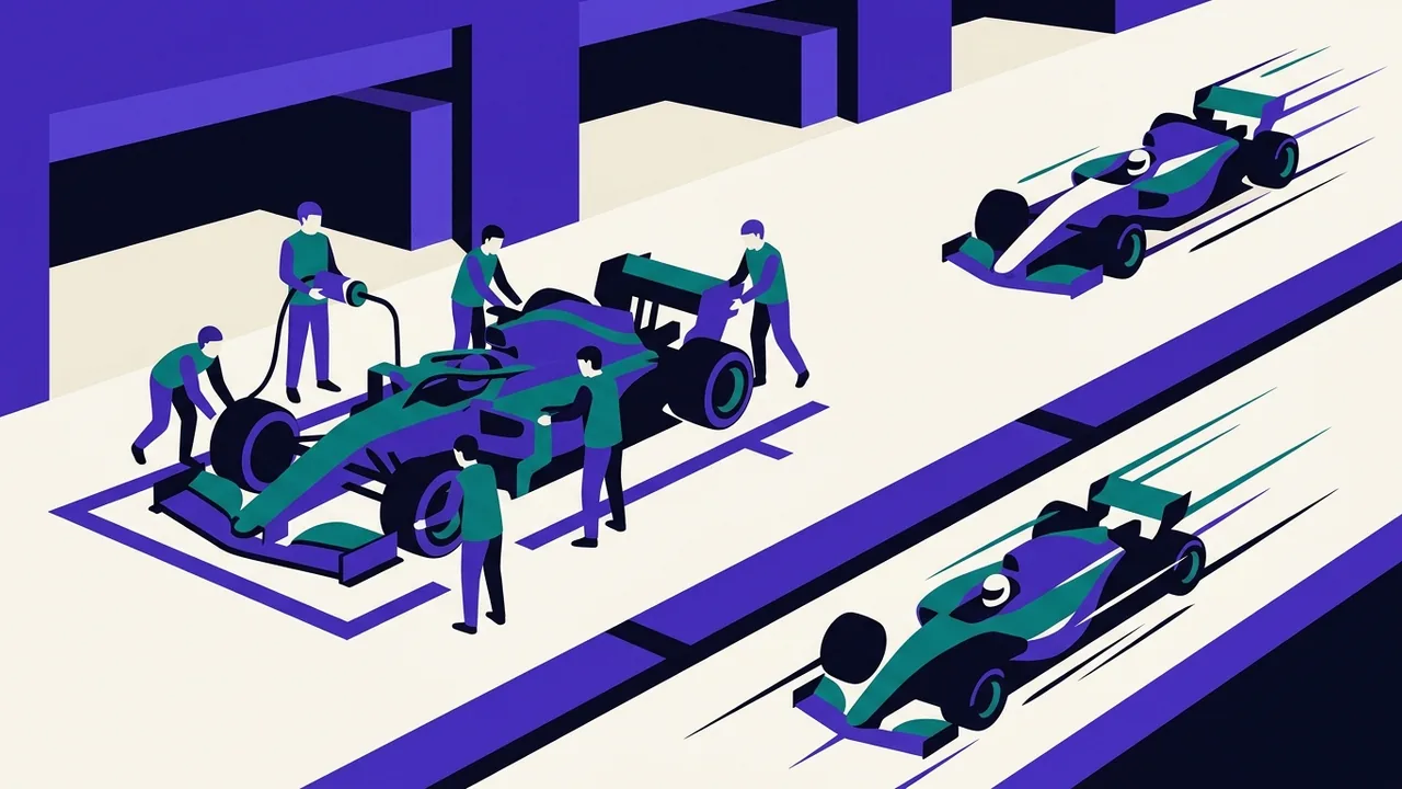 a racing car pulled into the pit stop while other vehicles speed past on the track