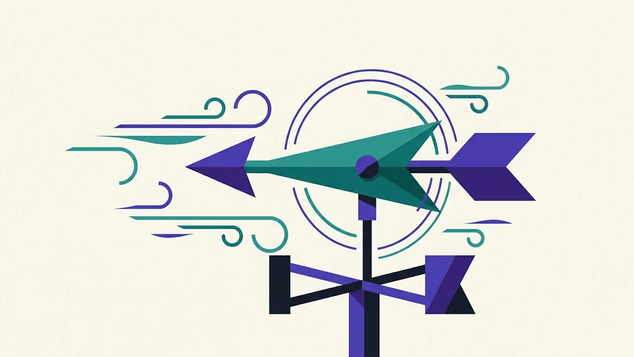 a weathervane spinning mid-turn, its arrow pointing in the exact opposite direction from moments before