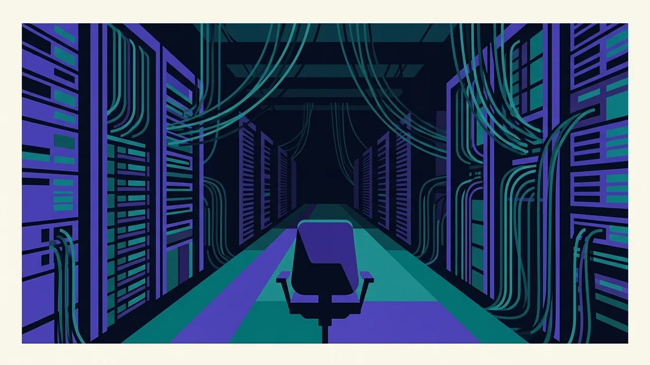 an empty chair at the head of a long table inside a server room, cables and racks extending into darkness