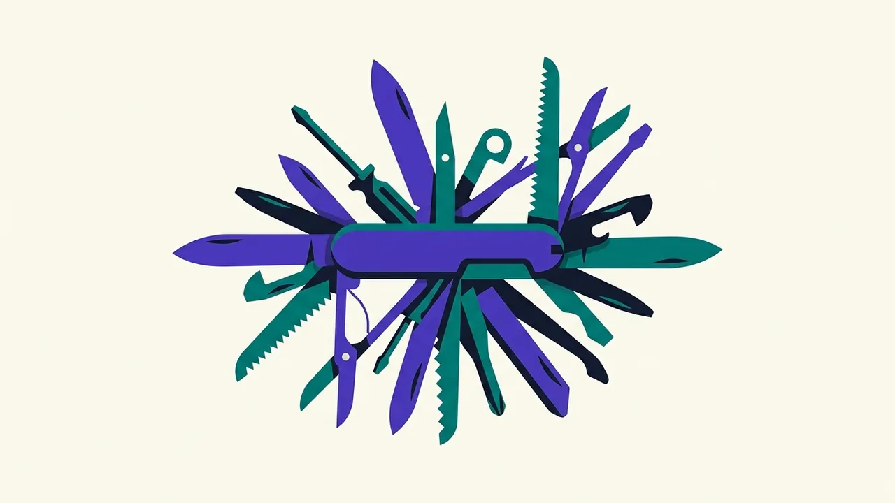 a single Swiss Army knife with dozens of tools deployed at once, each blade pointing in a different direction
