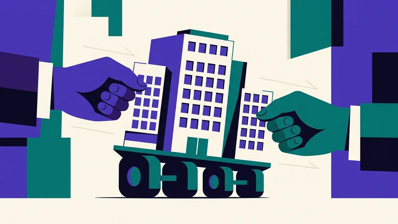 A corporate building being tugged back and forth between two giant hands, its foundation mounted on wheels
