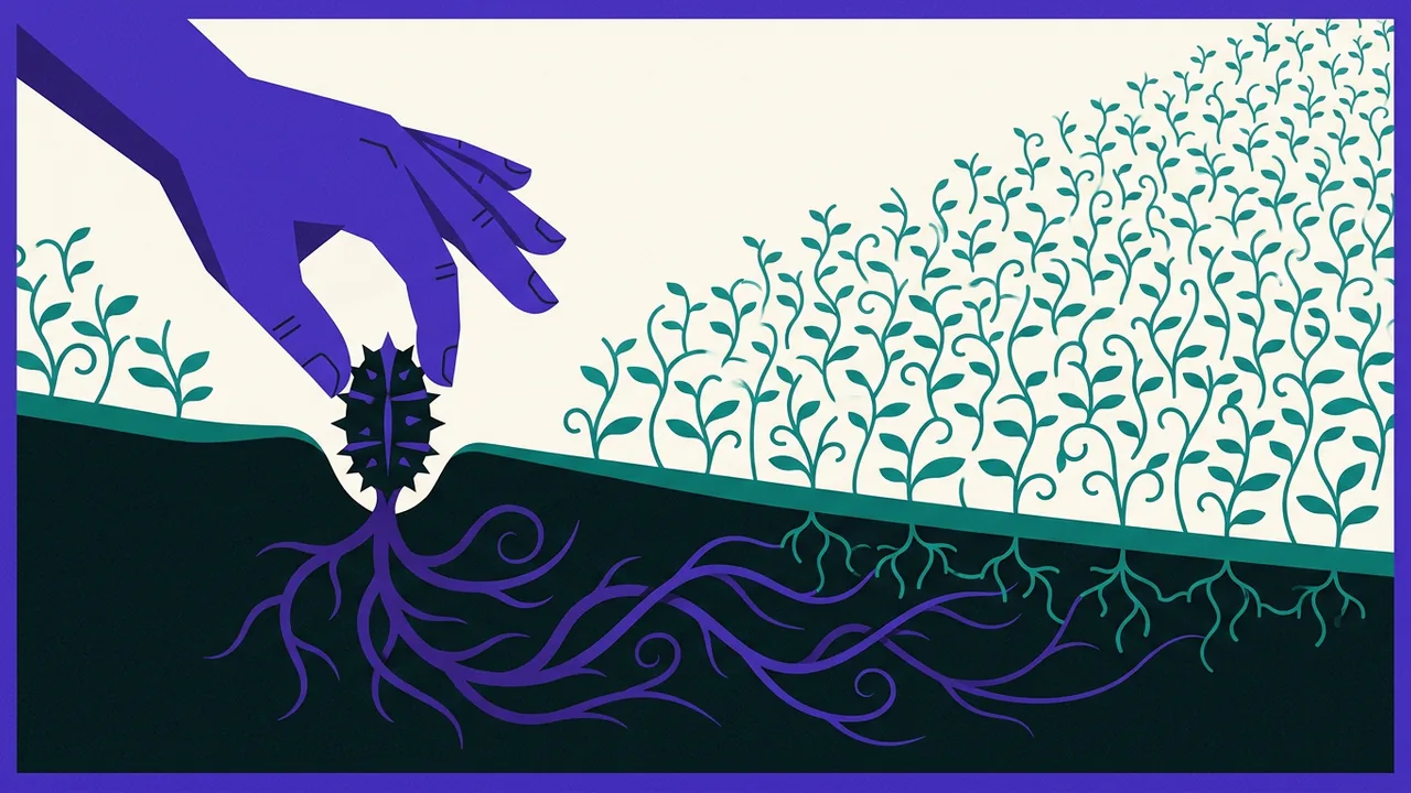 a single poisoned seed planted in fertile soil, roots spreading underground toward thousands of healthy plants