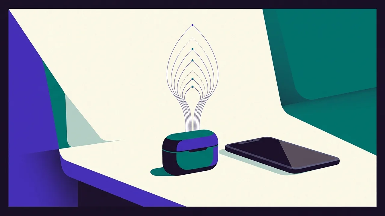 a small charging case with an invisible antenna reaching upward, bypassing a phone lying dormant beside it