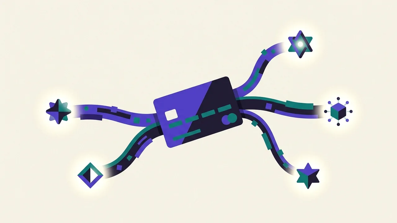 a corporate expense card splitting mid-air into multiple streams, each flowing toward a different glowing AI node suspended in space