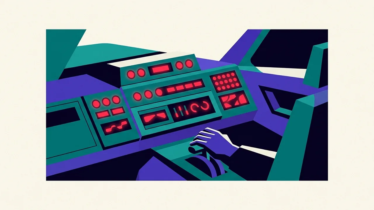 a sleek autopilot console with every warning light suddenly flashing red at once