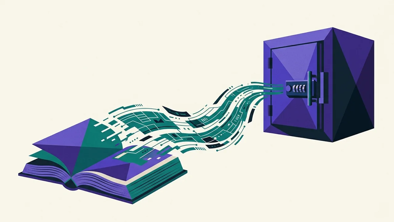 a thick book lying open, its pages dissolving into data streams that flow into a locked vault with no visible keyhole