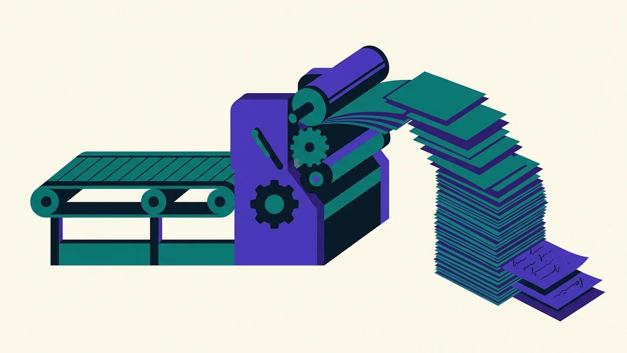 a printing press churning out endless identical sheets while a few handwritten pages slowly fade beneath the pile